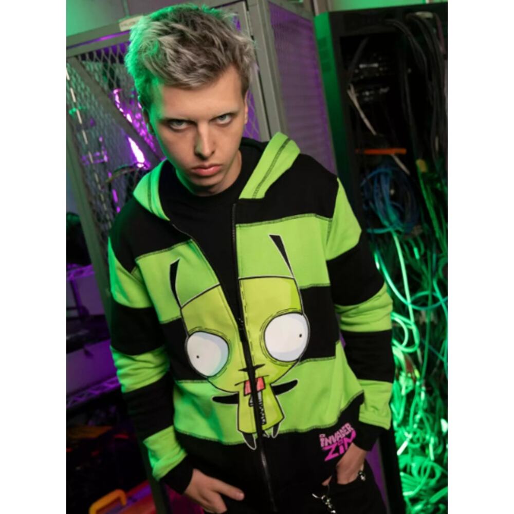 Invader Zim Gir Hoodie Reversible Green & Black Zip-Up Jacket w/ Graphic Prints